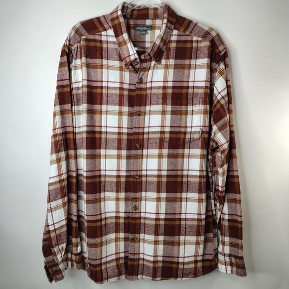 Eddie Bauer Flannel Button Down Shirt Men’s 2XL Brown & White Plaid Long Sleeves - Picture 1 of 9